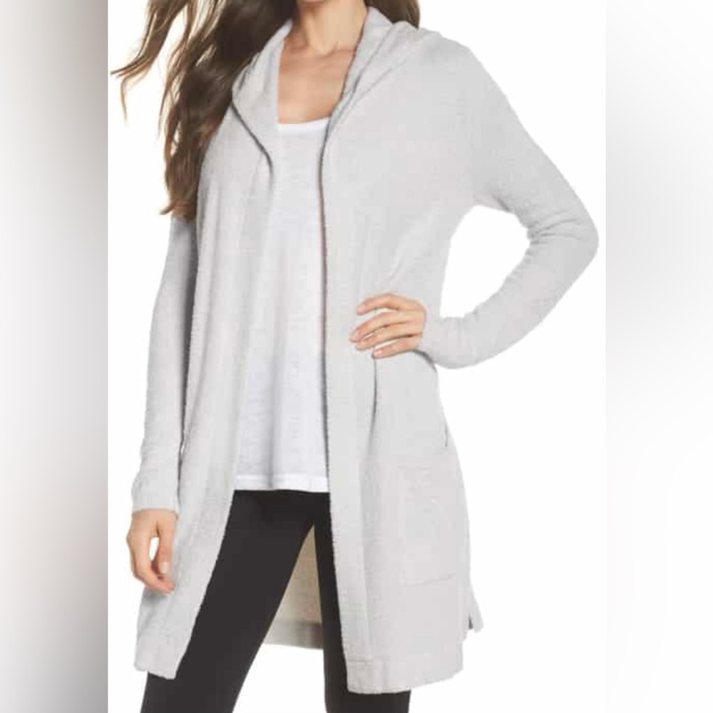 Barefoot Dreams Cozychic Hooded Cardigan in Silver/Pearl Heather Size Medium